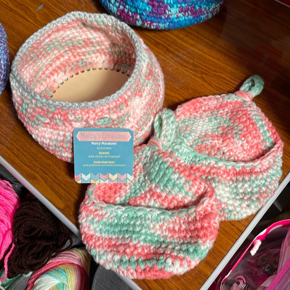 Crocheted baskets, Coral and Teal. . Handmade by me. You get all 3.
